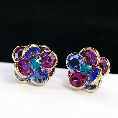 Vintage Austrian Crystal Pink Blue Flower Bezel Cluster Earrings Pierced • $20