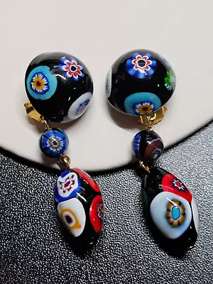 Vtg Venetian Murano Millefiori Multicolor Glass Dangle Clip On Earrings • $85