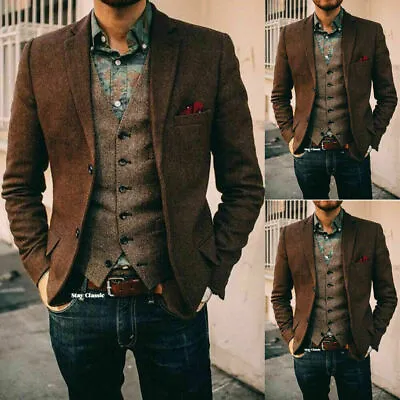 Vintage Mens Brown Herringbone Woolen Suits Blazer Lapel Coats Tailored Slim Fit • $49.98