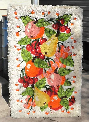 Large Vintage Mid Century Modern 70s Floral Fruit Crochet Yarn Wall Rug Tapestry • $155