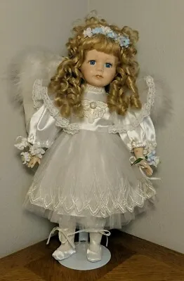 Angel Porcelain 16  Doll With White Satin Lace Dress And Moveable Feather Wings • $24