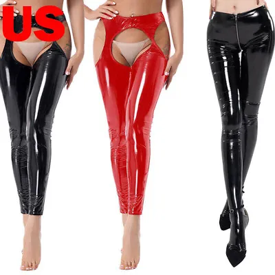 US Womens Patent Leather Cutout Chaps Pants Pole Dance Costume Bottomless Pants • $16.36