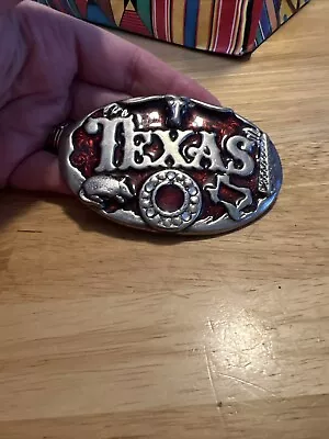 Silvertone Red Enamel Texas Belt Buckle Armadillo Longhorn Oil Rig • $18