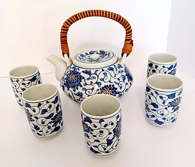 Vintage Chinese Glazed Ceramic Blue & White 6-Piece Tea Set • $24.99