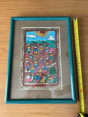 Mexican Amate Folk Art  Bark Painting~Village Scene~FRAMED & MATTED • $20