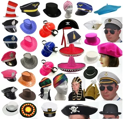 Fancy Dress Hats Cowboy Pirate Police Gangster Top Hat Bowler Graduation Lot • £24.99