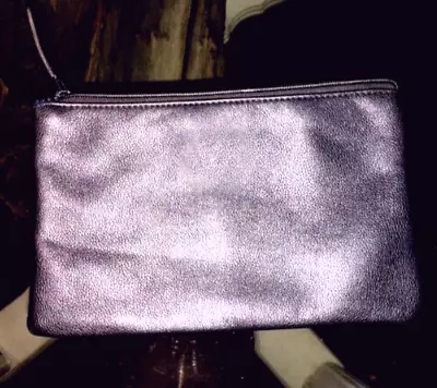 Gray Metallic Pebble Leather Make Up Bag Clutch Purse Cheetah Lining Likenew • $7.87
