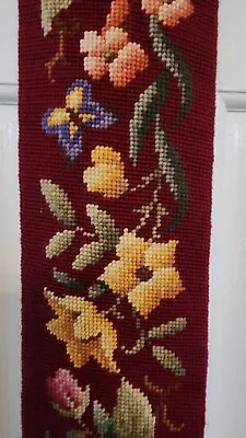 Vintage 66  L Finished Needlepoint Bell Pull Brass Hardware Flowers Butterflies • $125