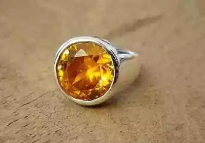 Solid 925 Sterling Silver Natural Yellow Citrine Cut Gemstone Mens Unisex Ring • $26.99