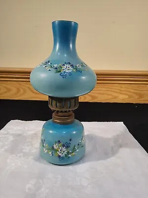 Vintage Blue Opaline Glass Miniature Oil Lamp Stippled Hand Painted Flowers • $62.99