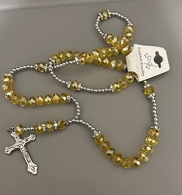 Citrine Coloured  Large Glass Faceted Bead Rosary Necklace + Metal Crucifix • £7.95