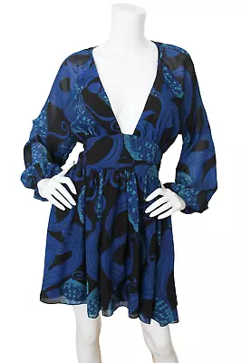 Mara Hoffman Dress Womens XS Silk Retro Swirl Print Long Sleeve Open Back Mini • $38.97