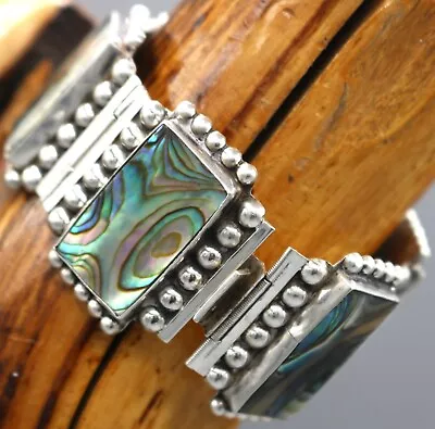 1940's Mexico Sterling Abalone MAX Art Deco Repousse WIDE Panel Link Bracelet 7  • $1.25