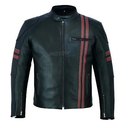 Cafe Racer Biker Black Leather Jacket Mens Motorcycle Red Stripe Genuine LEATHER • $38.39