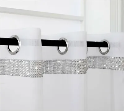 LAS VEGAS Eyelet Voile Glitter Diamante Sparkle Curtain Panel 2 Designs In WHITE • £3.89