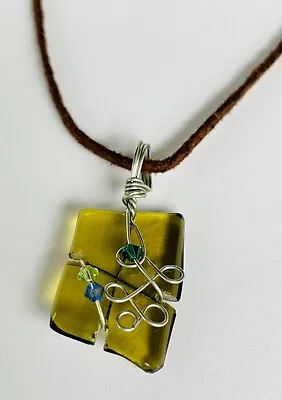 Lia Sophia Green Art Glass Rhinestone Pendant Necklace Suede Cord Rustic • $7