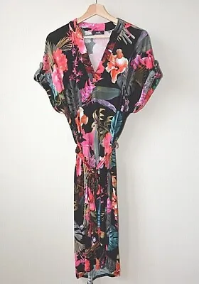 £15 • Buy New Womens Black+Pink Tropical Floral Belted Jersey Fit & Flare Dress Size 10-18