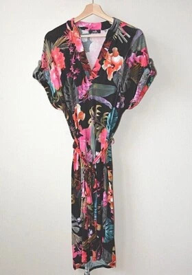 £15 • Buy New Womens Black+Pink Tropical Floral Belted Jersey Fit & Flare Dress Size 10-18
