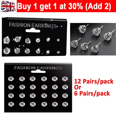 6/12Pairs Sterling Silver Cubic Zirconia Stud Earrings Small Round Set Pack DO • £3.05