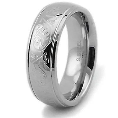 Stainless Steel Etched Floral Design Mens Wedding Band Ring 8MM | FREE ENGRAVING • $16