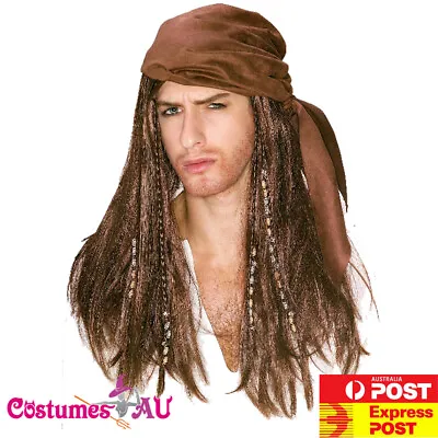 Mens Pirate Bandana Scarf With Wig Dreads Hair Beads Jack Sparrow Caribbean Wigs • £13