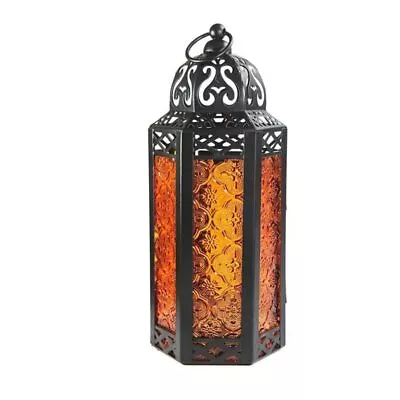 11.5  Moroccan Style Candle Lantern Black Metal Frame Orange Colored Glass ... • $22.99