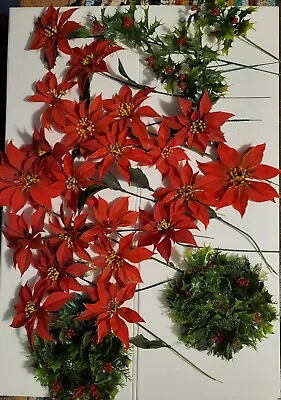 Vintage Christmas Greenery Plastic Poinsettia Flowers Holly Berry Candle Rings • $27.92