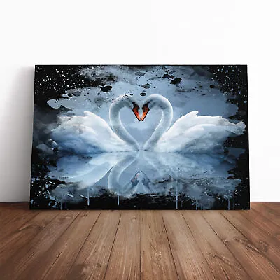 White Swan Love Heart Lake Canvas Wall Art Print Framed Picture Dining Room • £24.95