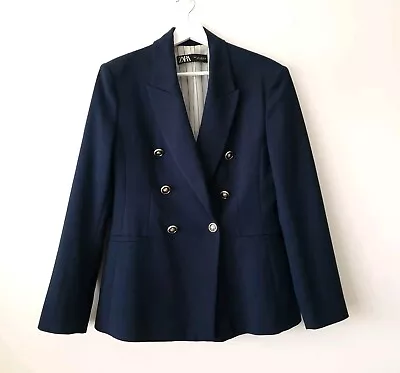 Zara Classic Navy Blue Double Breasted Blazer Jacket Size L Large 12 14 • £39.99