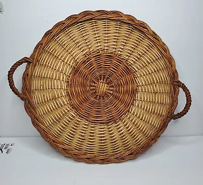 Vintage Rustic Wicker Rattan Basket Platter Tray W/ Handles Yugoslavia 1970s • $300