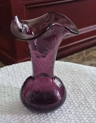 Vintage Hand-Blown Amethyst Crackle Glass Vase - Ruffle Edge 5 1/2  • $12.95