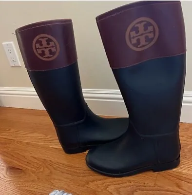 Tory Burch Knee High Rubber Waterproof Rain Boots Leather Size 9 Black/Almond • $69