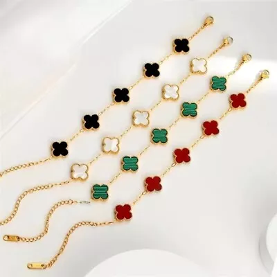 Gold 18K Plated Four Leaf Clover Bracelet Handmade Mother Of Pearl Onyx • $11.99