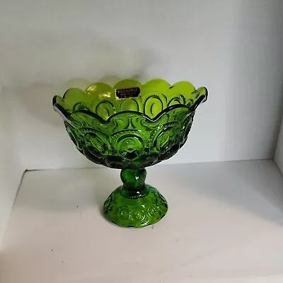 Vtg Large LE Smith Moon & Stars Green Glass 7  Open Compote Scallop Edge Sticker • $34.99