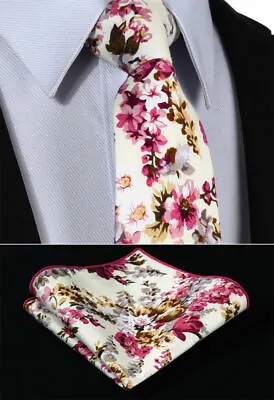 Mens Tie In Cotton Cream Pink Paisley  Floral Woven Print Ties Necktie & Hanky • £11.99
