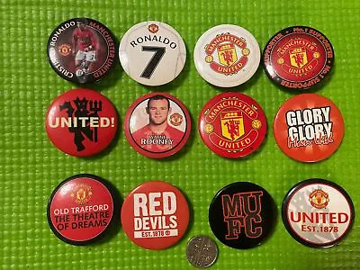 12 Manchester United Tin Button Pin Badges Crest Mufc Ronaldo & Rooney Free P&p • £6.99
