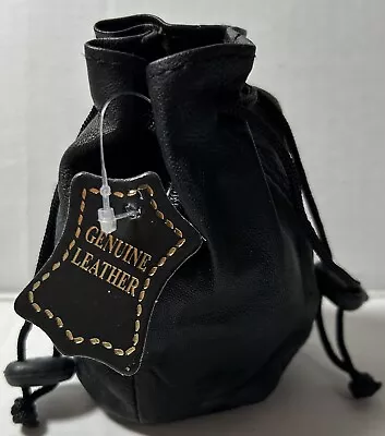 Soft Leather Drawstring Pouch With Spring Locks Coin Purse Jewelry Bag Black New • $12