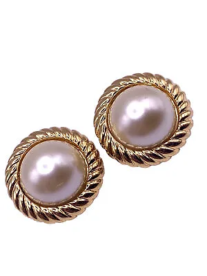Vintage Kenneth Jay Lane Pearl Button Clip Earrings With Gold Halo • $15