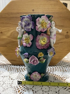 $10.99 • Buy Vintage Ornate Pink And Green Vase/ Cherubs/ Art Nouveau /  8 