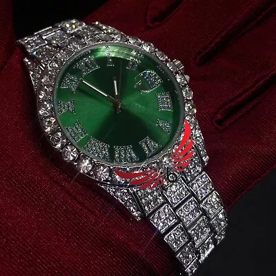 Mens Iced Out Green Face Watch- Luxury CZ Bling Stainless Steel Timepiece • £24.99