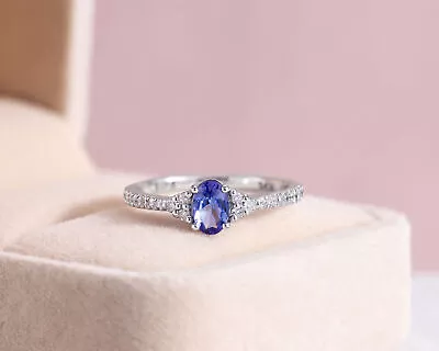 Bluish Purple Tanzanite & Natural Faint-Light Pink Diamond Ring 14k White Gold • £542.80