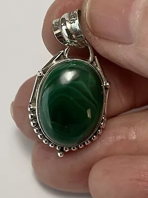 Lovely Vintage Green Malachite Gemstone Sterling Silver Necklace Pendant 6.74gm • $29