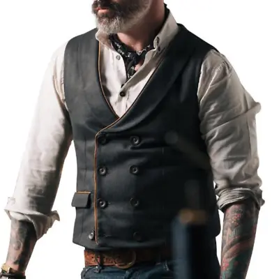 Mens Lapel Collar Wool Vest Jacket Retro Double-Breasted Waistcoat Gilet Wedding • $30.34