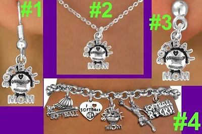 $5.50 • Buy SOFTBALL MOM Sport Mother Necklace Earring Bracelet Bat Glove Ball Rocks Jewelry