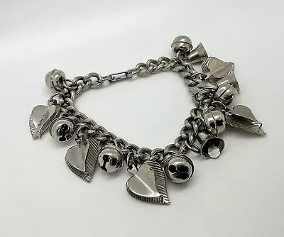 Vintage Silver Tone Heart And Bell Charm Bracelet • $14