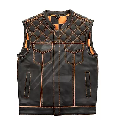 Orange Checker Leather Vest Diamond Quilted Men's Biker Club Motorcycle Vest • $162