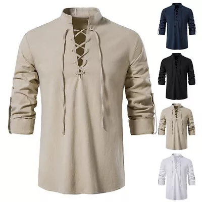 Men Medieval Lace Up T Shirt Gothic Renaissance Pirate Cosplay Costume Retro UK • £15