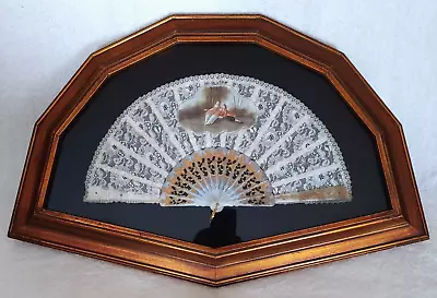 Vintage Lace Hand Fan Framed In Wooden Shadow Box Courting Couple 27 X 18 • $82.50