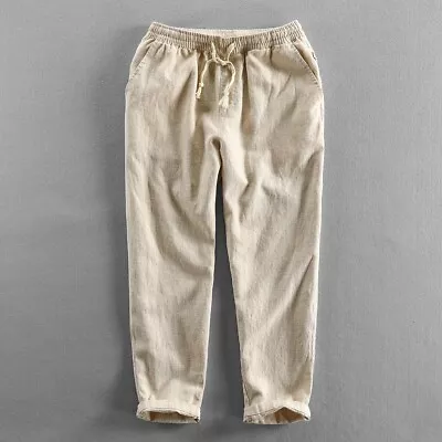 Summer  Elastic Waist Solid Color Men's Cotton Linen Pants Ankle Length Trousers • $29.99