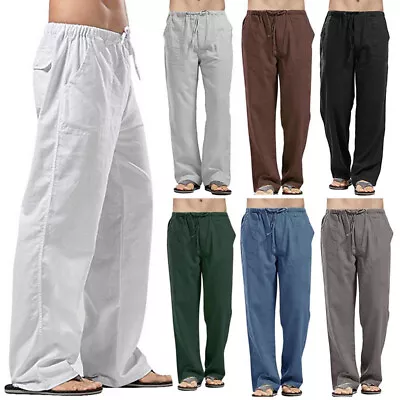 Men Cotton Linen Elastic Waists Long Pants Beach Drawstring Straight Trousers • $12.06